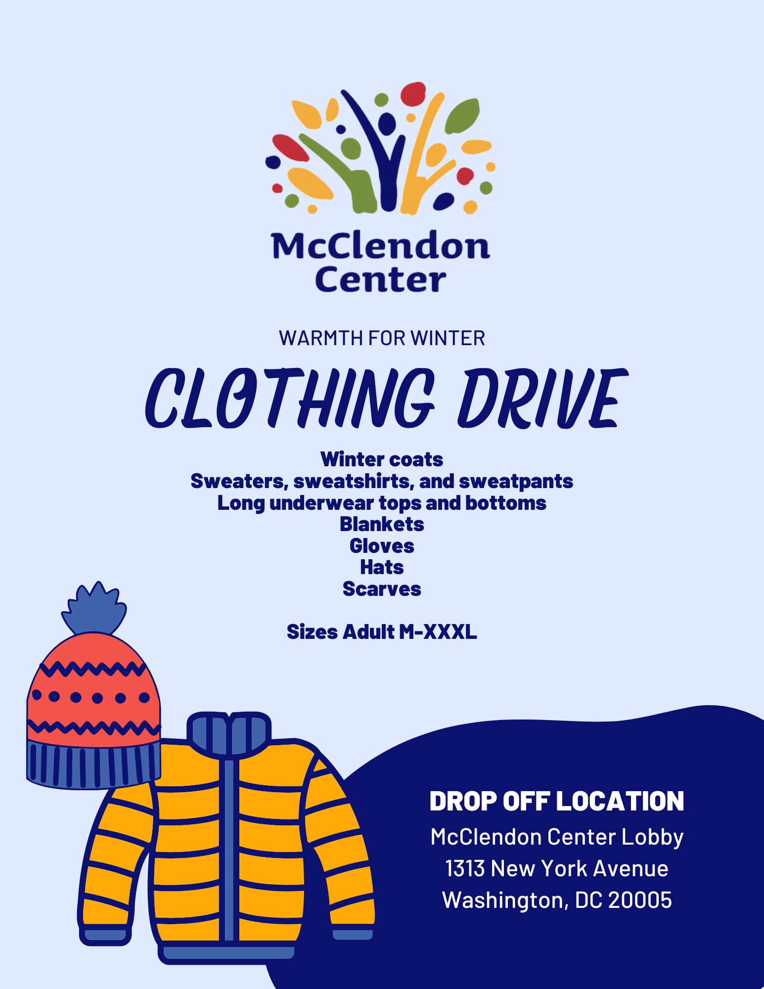 McClendon Center Flyer for Winter Clothing Drive